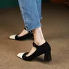 Dress Shoes Women High-Heeled Chunky Heels Famele Mary Jane Clasp Vintage Ladies Color Matching Temperament Pumps