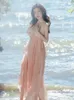 Vestidos casuais 2023 verão rosa chiffon vintage fada vestido mulheres estilo coreano elegante festa midi feminino sexy backless praia chique
