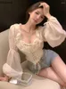 Women's Blouses Sexy Women 2023 Blusas Mujer De Moda Square Collar Tunic Bandage Blouse Temperament Lace Ruffles Shirts Y2k Crop Tops