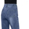 Kvinnors jeans kvinnor rak ben denim för vårens hösthög midja löst passande tvättad mörkblå casual skrapa blekt blekt