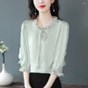 Kvinnors blusar M-4XL Elegant Silk Satin Shirt 2024 Spring Summer Women Topps Fashion 3/4 Sleeve Bow Tie Patchwork broderi Blus