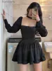 Skirts Black Vintage 3 Piece Skirt Set Women Sexy Lolita Y2k Mini Skirt Suit Fe Casual Korean Fashion Long Sle Retro Set 2023L231212