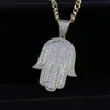 Hip Hop mode bijoux cuivre glacé Zircon plaqué or Fatima Hamsa main pendentif palmier collier