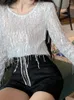 Женские блузки, женская шикарная футболка с длинными рукавами, расшитая пайетками, 2023, модная повседневная женская однотонная футболка с кисточками в стиле городского Феникса