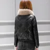 Женское кожаное пальто 2023, зимнее женское короткое пальто, байкерская байкерская куртка из овчины с меховым воротником, повседневная облегающая женская теплая куртка Ou