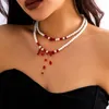 Choker Salircon Halloween czerwone kryształowe koraliki podwójnie warstwy krótki naszyjnik modny gotycki imitacja Pearl Cosplay Party Prezent biżuterii