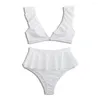 Mulheres Swimwear Sexy V Neck Branco Nervuras Cintura Alta Biquíni Mulheres Separadas Ruffle Swimsuit Front Buckle 2023 Beach Swim Bath Terno