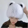 Berets 2023 Brand Women Natural Fur Hat Winter Fluffy Beanies Caps Handmade Knitted Bear Bomber