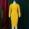 Casual Dresses Elegant Bodycon For Women Round Neck Full Sleeve Sheath Package Hips Mid Calf Fashion Business Chic Work Wear Dress Midi