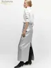 Юбки Clacive Элегантные золотые юбки из искусственной кожи для женщин 2023 Модная офисная длинная юбка с высокой талией Повседневная классическая юбка Fe ClothingL231212