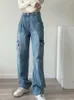 Jeans de mujer de alta calidad azul 2023 moda de otoño cintura cómoda ropa de carga multibolsillo