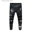 Men's Jeans Black Jeans Men Slim Fit Ripped Destroyed Embroidered Letters Streetwear Motorcycle Jeans Man Cowboys Casual White Denim Pants Q231213