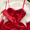 Casual Dresses Foamlina Sexy Faux Fur Fluffy Spaghetti Strap Velvet Dress Women Fashion Red Black Removable Sleeve Slim Ruched Mini Party