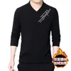 Herr t-skjortor Autumn Winter Solid Color Fashion Long Sleeve T-shirts Man High Street Casual V-ringning plus Velvet Warm All-Match Y2K Pullover