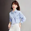 Blusas femininas listra capa manga longa lapela botão camisa azul mulheres topos primavera outono escritório senhora elegante fino ajuste coreano blusa casual