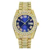 Relógios de pulso luxo ouro romano bling hip hop completo congelado relógio quartzo azul diamante relógios homens prata diomand reloj de diamantes231d