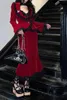 ワークドレス秋のダークレッドワインスカートセットノッチ付きカラースリムジャケットとトランペットロングスーツハロウィーンコーデュロイレースヴィンテージゴシック
