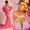 Robes de soirée rose vif Style simple sirène balayage train Rehinestones robe de bal robes de fête d'anniversaire deuxième robe de réception pour les femmes noires africaines bal AM154