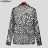 T-shirts hommes hommes chemise impression maille transparente col roulé à manches longues sexy camisetas streetwear 2023 fitness mode vêtements incerun