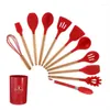 Set di stoviglie Set di utensili da cucina in silicone da cucina con manico in legno chiaro Pennello e forchetta antiaderenti da 12 pezzi