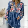 Women's Blouses Women Top V Neck Retro Flower Print Long Sleeve Loose Drawstring Pullover Pleated Mid Length Patchwork Soft Fall Sprin