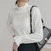 Blouses Femmes Mode Col Roulé Dentelle Blouse Femmes Printemps 2023 Automne Creux Élégant Crochet Simple Chemise Dames Casual Manches Longues Hauts