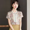 レディースブラウス韓国のファッションシャツヴィンテージオーガンザフリルコートプリントシフォン半袖ネイルビーズ
