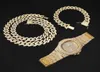 Necklace Watch Bracelet Bling Iced Out Miami Zircon Cuban Link Chain Prong Pave Rhinestone Jewelry For Mens Women Set Earrings 1402845