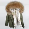 Женские плащи, брендовая осенне-зимняя куртка 2023, женское армейское зеленое пальто с натуральным большим воротником из меха енота, толстая теплая подкладка