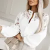 Women's Blouses 2024 Long Sleeve Button Cardigan Shirts Women Spring Summer Stand Collar Top Lace Patchwork Single-Breasted Ladies