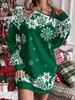 Robes décontractées Flocon de neige de Noël 2023 Robe pour femme imprimée épaule diagonale automne et hiver motif géométrique jupe portefeuille hanche