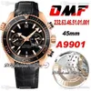 OMF Cal A9901 Montre chronographe automatique pour homme Or rose Lunette et cadran polis noirs 232 63 46 51 01 001 Super Edition Noir Bal2479