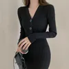 Vestidos casuais vestido de malha elegante feminino midi cor sólida v pescoço manga longa alta elasticidade tecido macio para outono inverno senhora