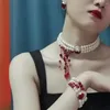 Колье в стиле готики с кровавым кристаллом, имитация жемчуга, женское ожерелье 2023, модные длинные браслеты с кисточками и бусинами, ювелирные изделия для Хэллоуина, подарок