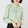 Blusas de mujer Blusa de satén de flores a la moda Camisa de gasa elegante sólida de manga larga para mujer Tops de oficina para mujer Camisas con cuello levantado Blusa 23174