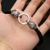 Charm Bracelets Classic Vintage Stainless Steel Double Wolf Heads Bracelet For Men Boy Leather Braided Bangles Fashion Jewelry Gift Drop