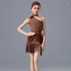 Palco desgaste crianças trajes de dança latina meninas marrom top borlas saias vestidos de competição sl8138