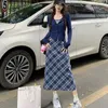 Two Piece Dress Y2K Girls Sexy Slim Cropped Tops Mini Skirts Set Women Long-sleeved O-neck Coat With High-waist Long Plaid Suit