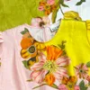 リネンドレスオーストラリアデザイナー2024春/夏新しい花柄のバブルスリーブラウンドネックショートスリーブスリムフィットドレス