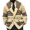 Suéter masculino outono inverno homens engrossar jacquard malha cardigan casaco vintage turndown colarinho com cintura grossa agulha suéter