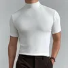 Herrdräkter B8332 män tunn t -skjorta fast färg hög krage turtleneck kort ärm streetwear fitness casual kläder 2023 fritid