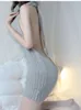 Women's New High Hollow Open Back Hanging Neck Knitted Grey Wrap Hip Skirt Sexy Hot Thin Dress Set sexy