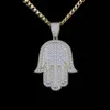 Joyería de moda de Hip Hop, collar de Palma con colgante de mano de Fátima Hamsa chapado en oro con circonita helada de cobre