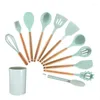 Set di stoviglie Set di utensili da cucina in silicone da cucina con manico in legno chiaro Pennello e forchetta antiaderenti da 12 pezzi