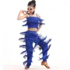 Stage Wear Girls Kids Child Latin Dance Clothes Tango Samba Salsa Costumes Blue Black Red Fringe Ballroom Top Pants Set