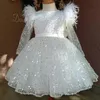 Kleidungssets Mode Baby Mädchen Prinzessin Pailletten Tutu Kleid Langes Feder Ärmel Kind Vestido Hochzeitsfeier Geburtstag Weihnachten 1 14y 231212