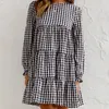 Casual Dresses Autumn Products Round Neck Plaid Back Hollow Pleated Loose And Thin A-line Ruffled Long-sleeved Dress