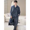 Vêtements de nuit pour hommes col en V en peluche robe ceinture peignoir bouton à manches longues pyjama ensembles avec poche thermique chaud trois pièces costume à la maison hiver