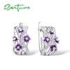 SANTUZZA Silver Earrings For Women Genuine 925 Sterling Silver Delicate Charming Purple Flower Fine Jewelry Handmade Enamel CX2006259e