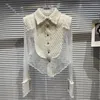 Women's Blouses 2023 Autumn Collection Long Sleeve Turn Down Collar Lace Mesh Patchwork Tweed Beige Shirt Women GL379